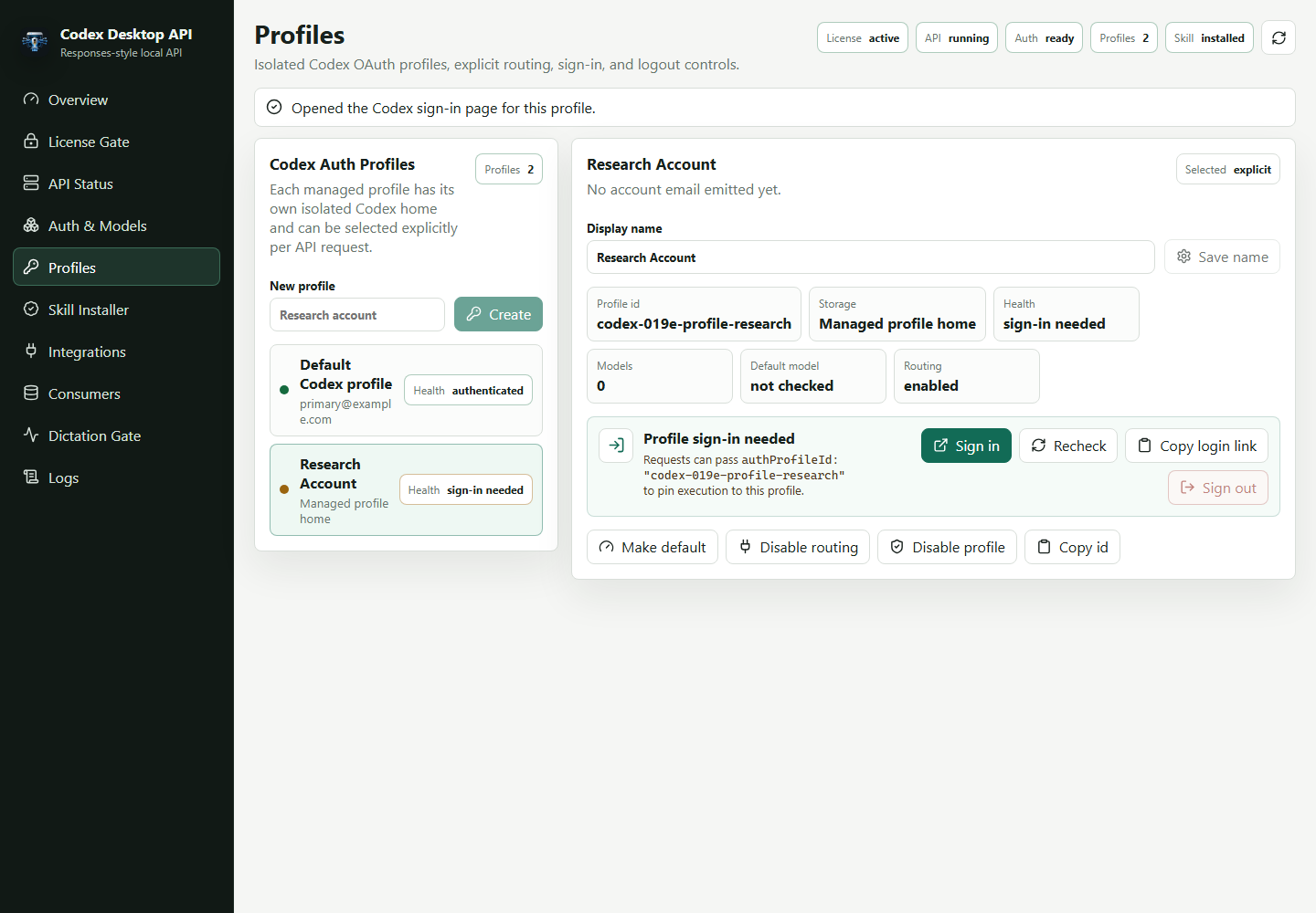 Codex Desktop API Profiles screen showing managed Codex OAuth profiles, explicit routing controls, sign-in action, and copied authProfileId support.