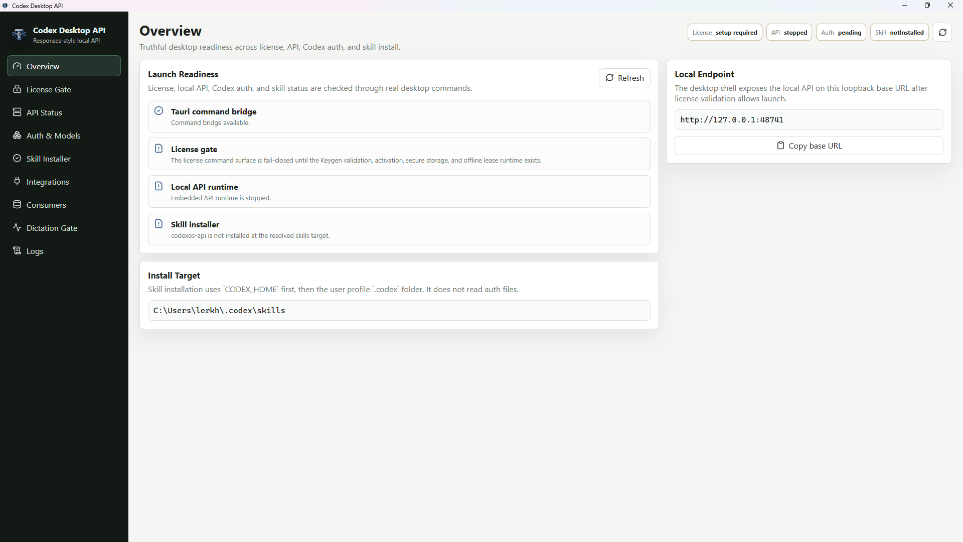 Codex Desktop API overview showing license, local API, Codex auth, skill installer, and endpoint readiness.
